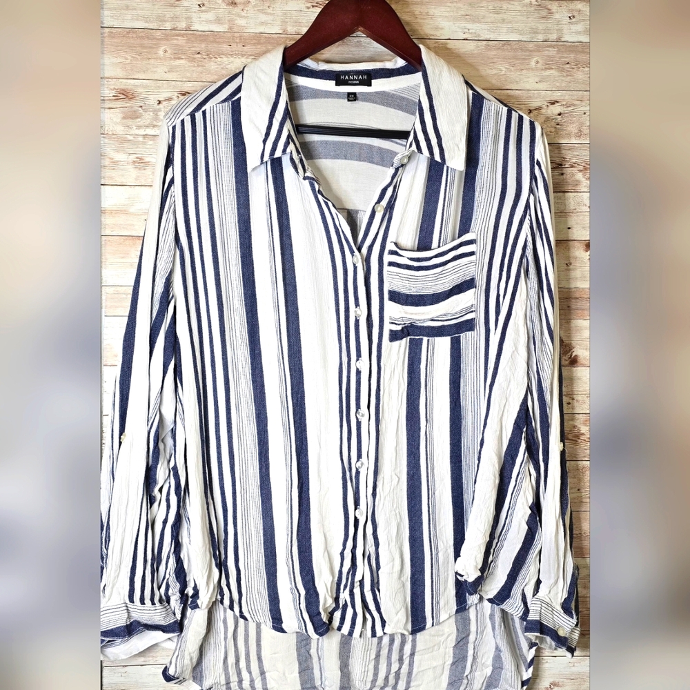 Hannah Striped Blue & White Button Down Shirt - 2X